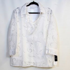 Alfred Dunner White 2-in-1 Woven Long Sleeve Blouse with Decorative Chain